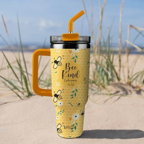 Kerusso Honeycomb Floral Design Bright Yellow and Black 40 Ounce Lidded Stainless Steel Travel Tumbler with Straw, Bee Kind